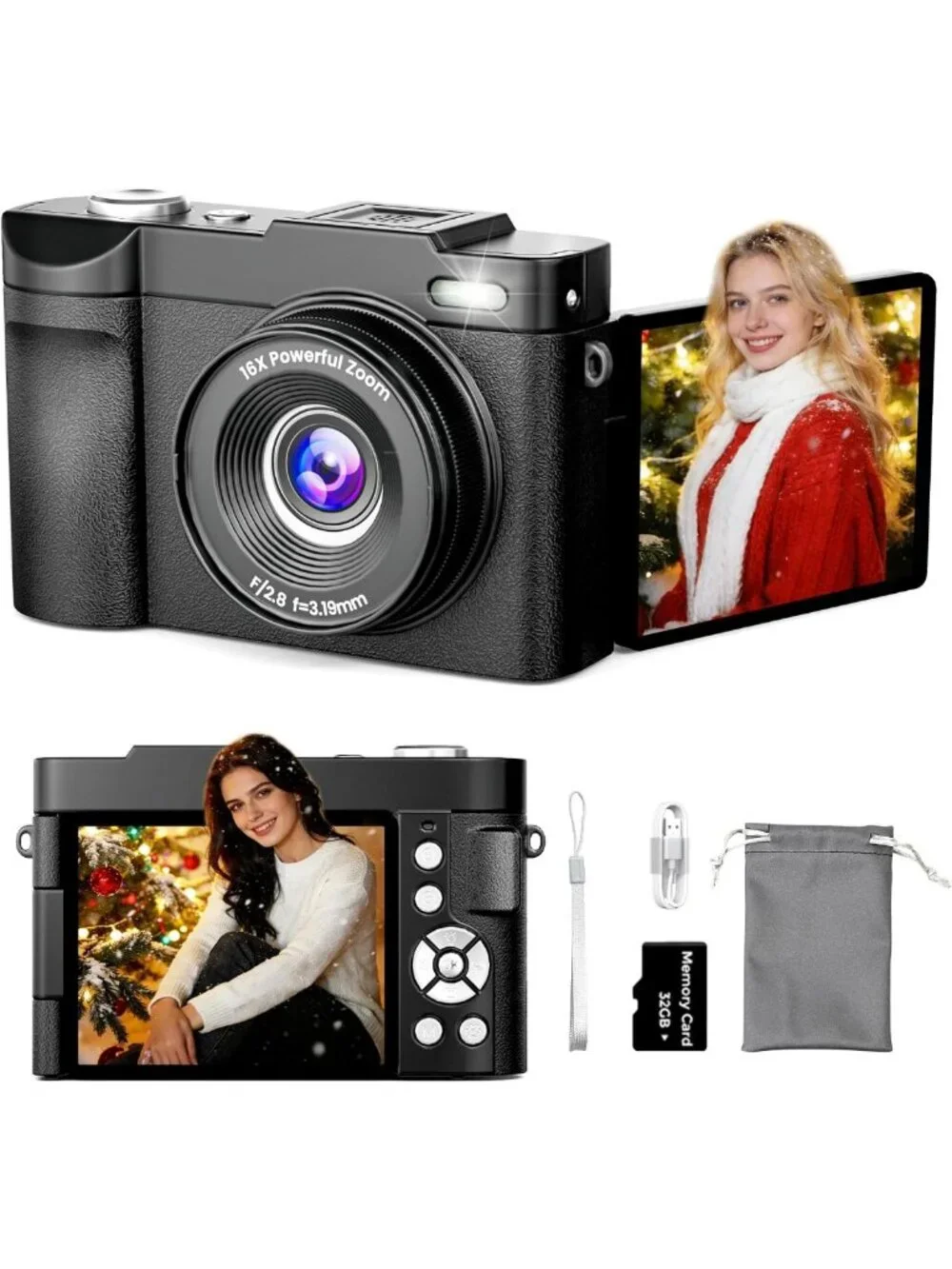 Compact 4K Digital Camera with 50MP, Auto-Focus, 180° Flip Screen & 16X Zoom